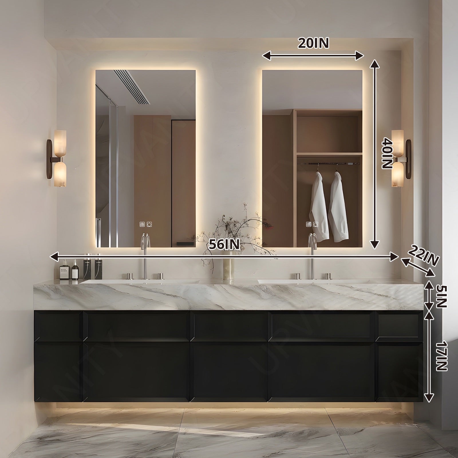 Elegant Bath Vanity Set, Black, Marble Textured Top, 56"-78", Double, Floating, Dual Smart LED Mirror