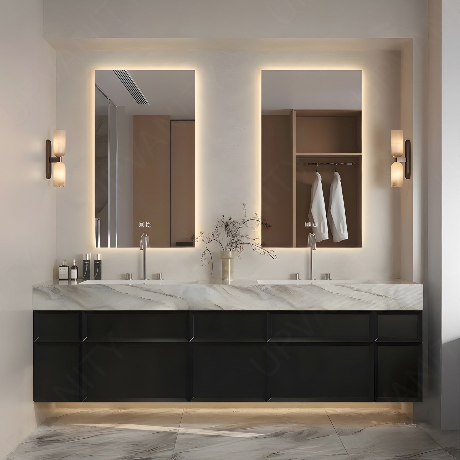 Elegant Bath Vanity Set, Black, Marble Textured Top, 56"-78", Double, Floating, Dual Smart LED Mirror