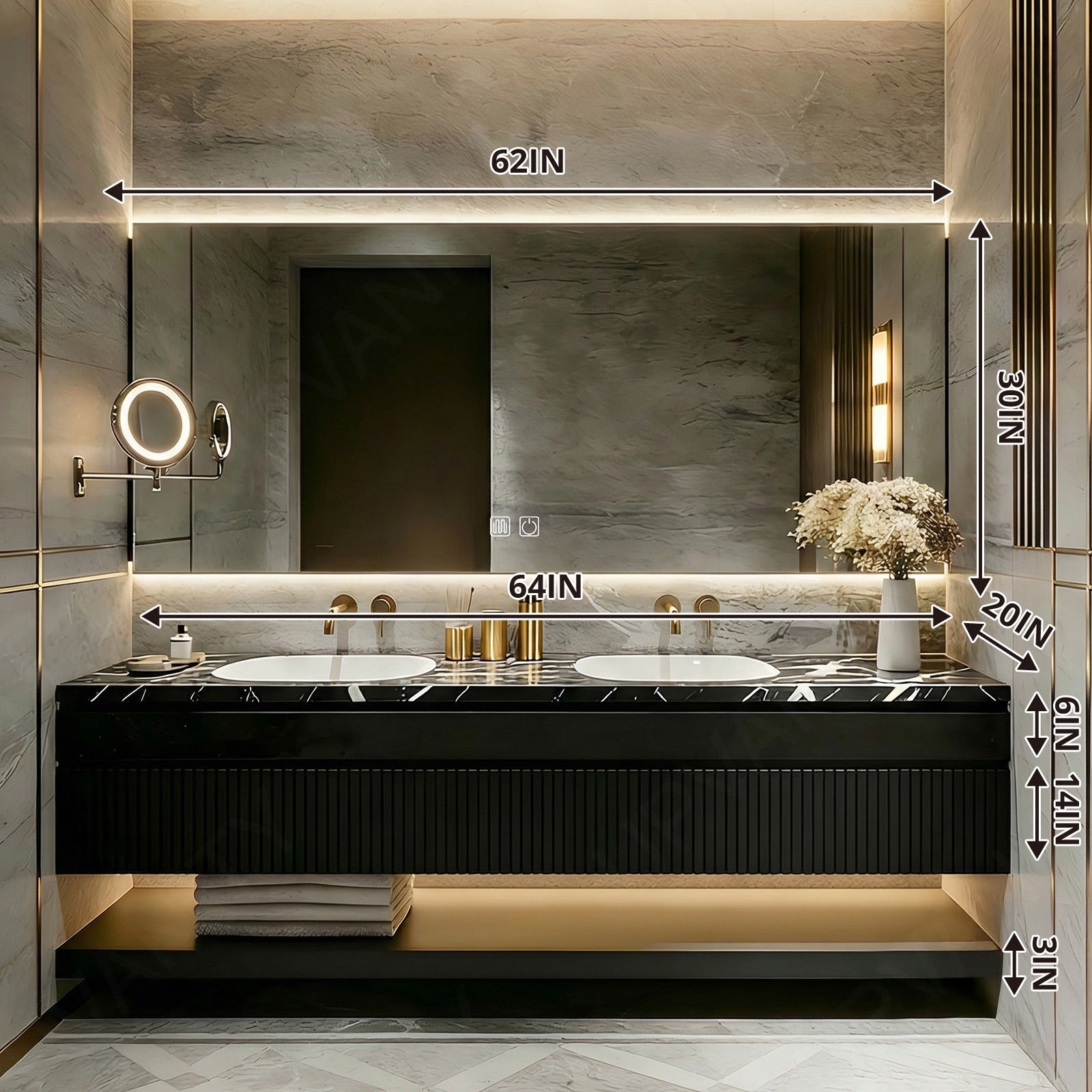 Elegant Bath Vanity Set, Black, Marble Textured Top, 56"- 78", Double, Floating, Striped Panel, Smart LED Mirror