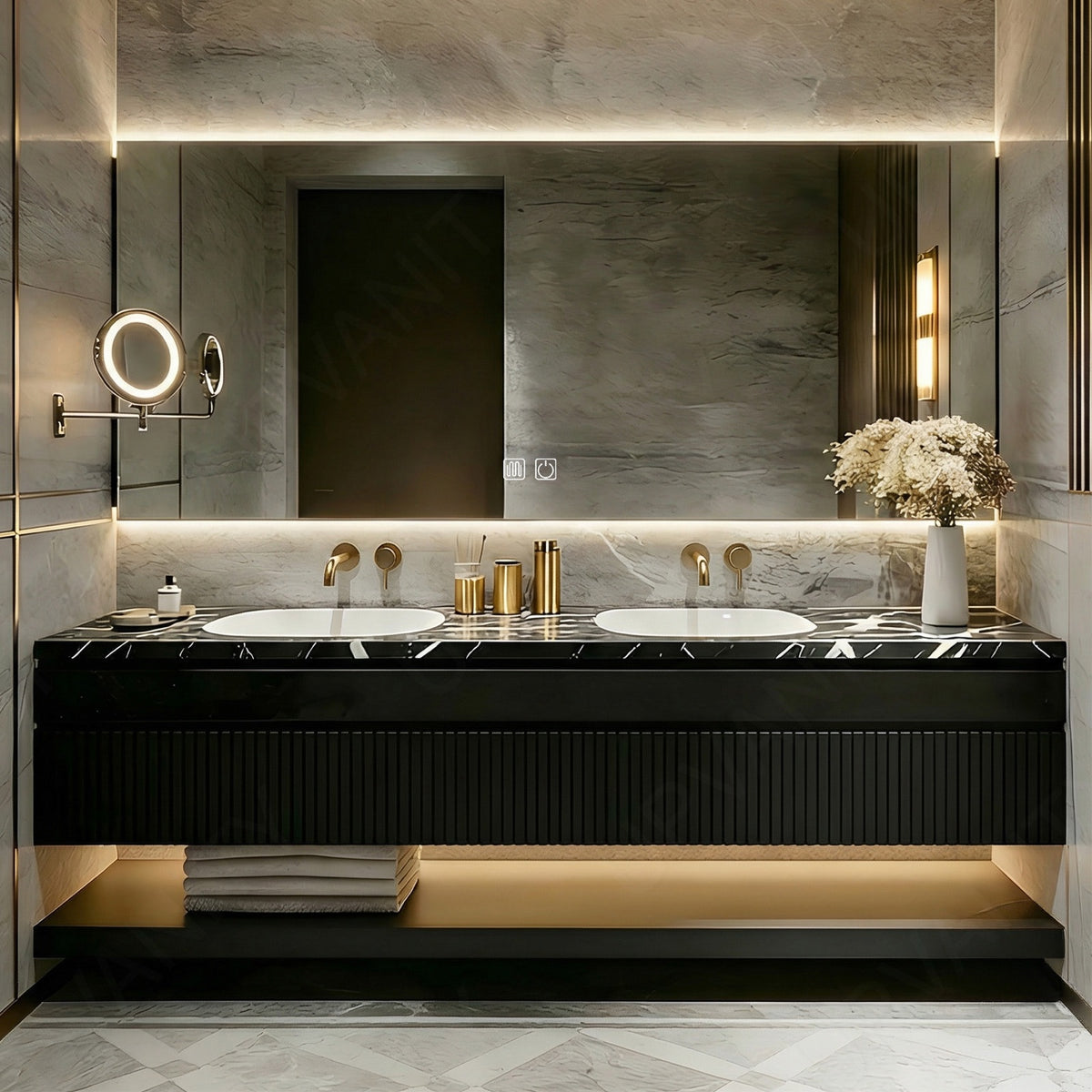 Elegant Bath Vanity Set, Black, Marble Textured Top, 56"- 78", Double, Floating, Striped Panel, Smart LED Mirror