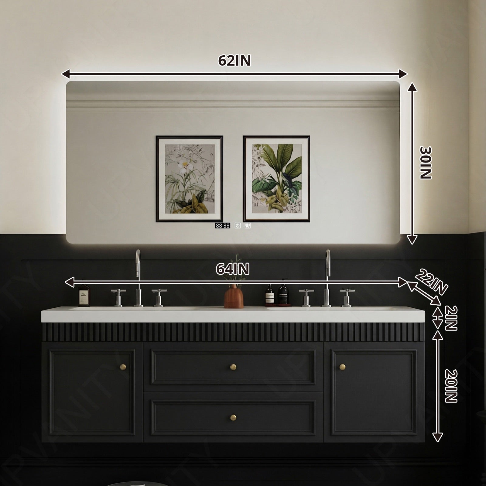 Elegant Bath Vanity Set, Black, Slate White Top, Fluted Panel, 52"-78", Double, Floating, Smart LED Mirror