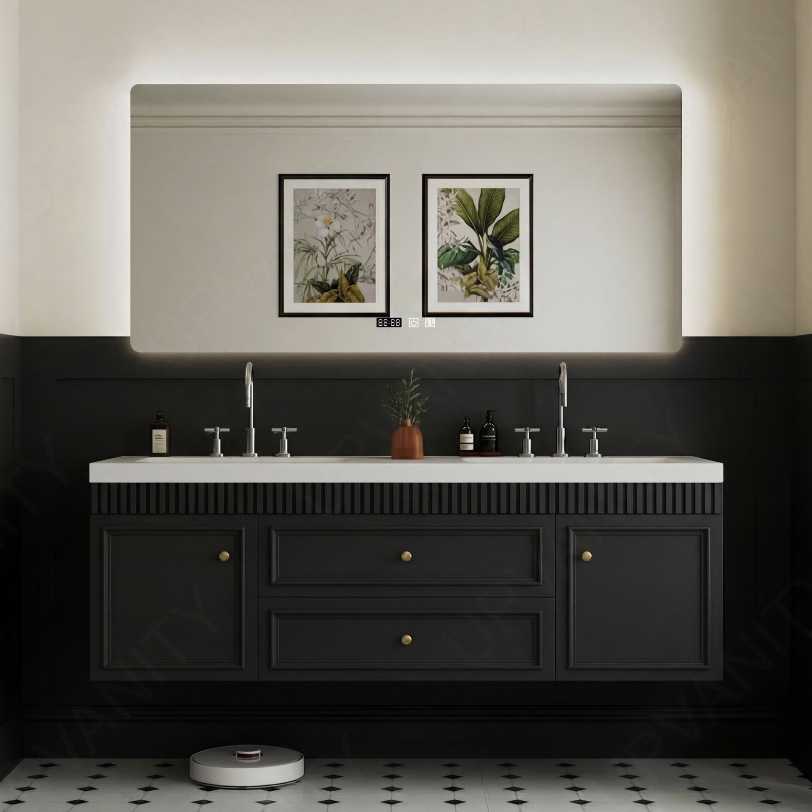 Elegant Bath Vanity Set, Black, Slate White Top, Fluted Panel, 52"-78", Double, Floating, Smart LED Mirror