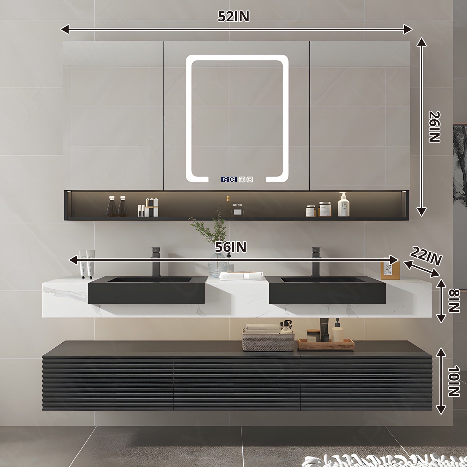 Elegant Bath Vanity Set, Black, Split White Top, 32"-68", Single/Double, Floating, Open Storage, Smart LED Mirror, Rear Cabinet