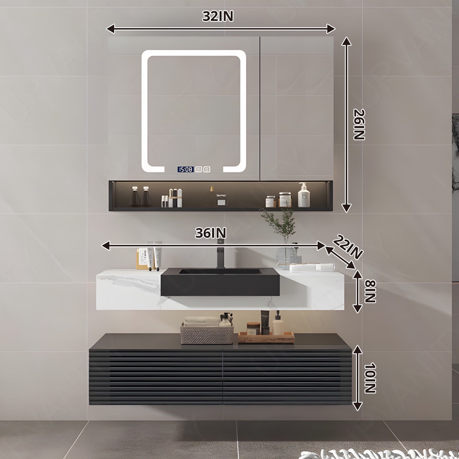 Elegant Bath Vanity Set, Black, Split White Top, 32"-68", Single/Double, Floating, Open Storage, Smart LED Mirror, Rear Cabinet