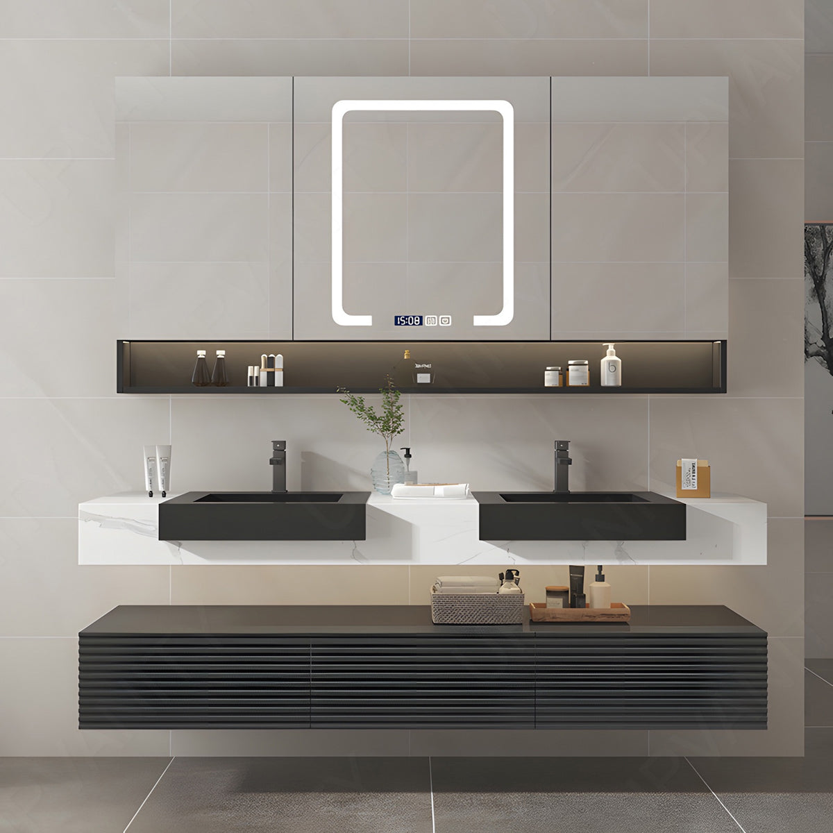 Elegant Bath Vanity Set, Black, Split White Top, 32"-68", Single/Double, Floating, Open Storage, Smart LED Mirror, Rear Cabinet