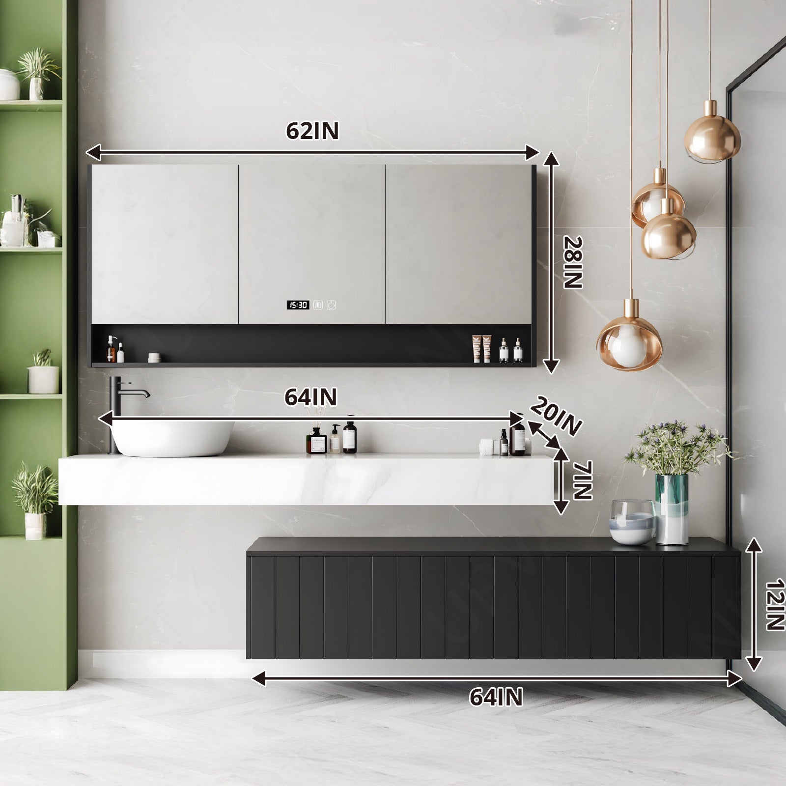 Elegant Bath Vanity Set, Black, Split White Top, 44"-78", Single Vessel Sink, Floating, Striped Panel, Smart LED Mirror, Rear Cabinet