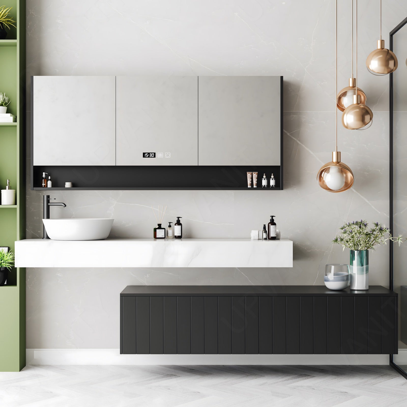 Elegant Bath Vanity Set, Black, Split White Top, 44"-78", Single Vessel Sink, Floating, Striped Panel, Smart LED Mirror, Rear Cabinet