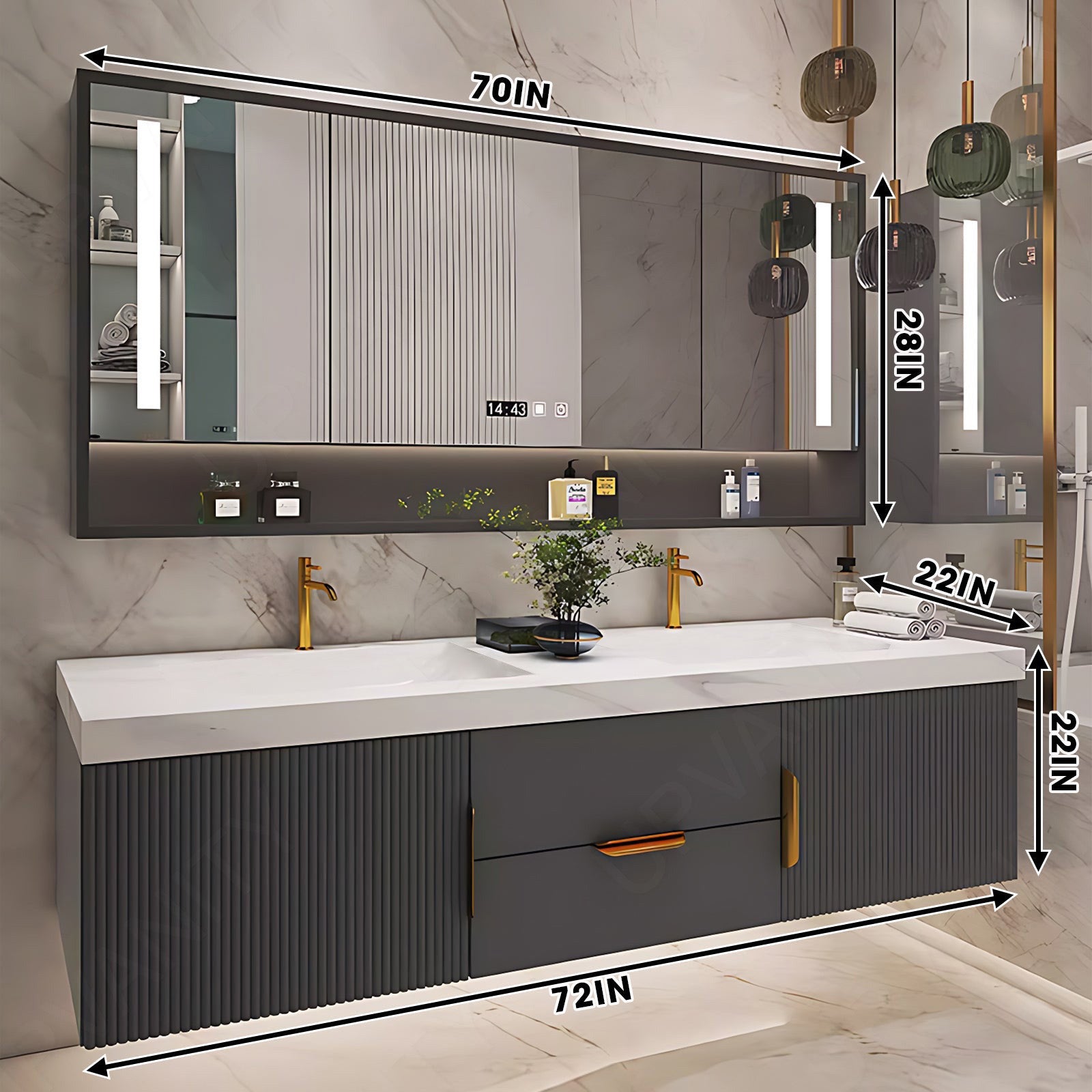Elegant Bath Vanity Set, Black, Striped Panel, 40"- 78", Single/Double, Floating, Smart LED Mirror, Rear Cabinet