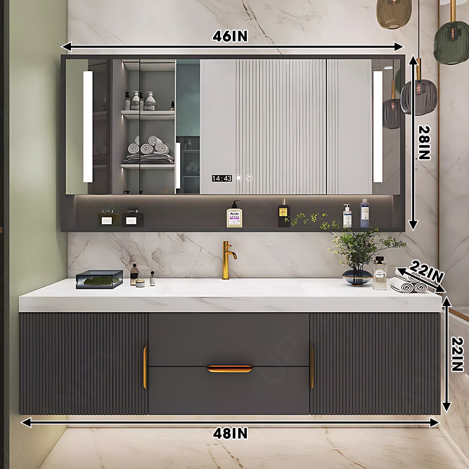 Elegant Bath Vanity Set, Black, Striped Panel, 40"- 78", Single/Double, Floating, Smart LED Mirror, Rear Cabinet