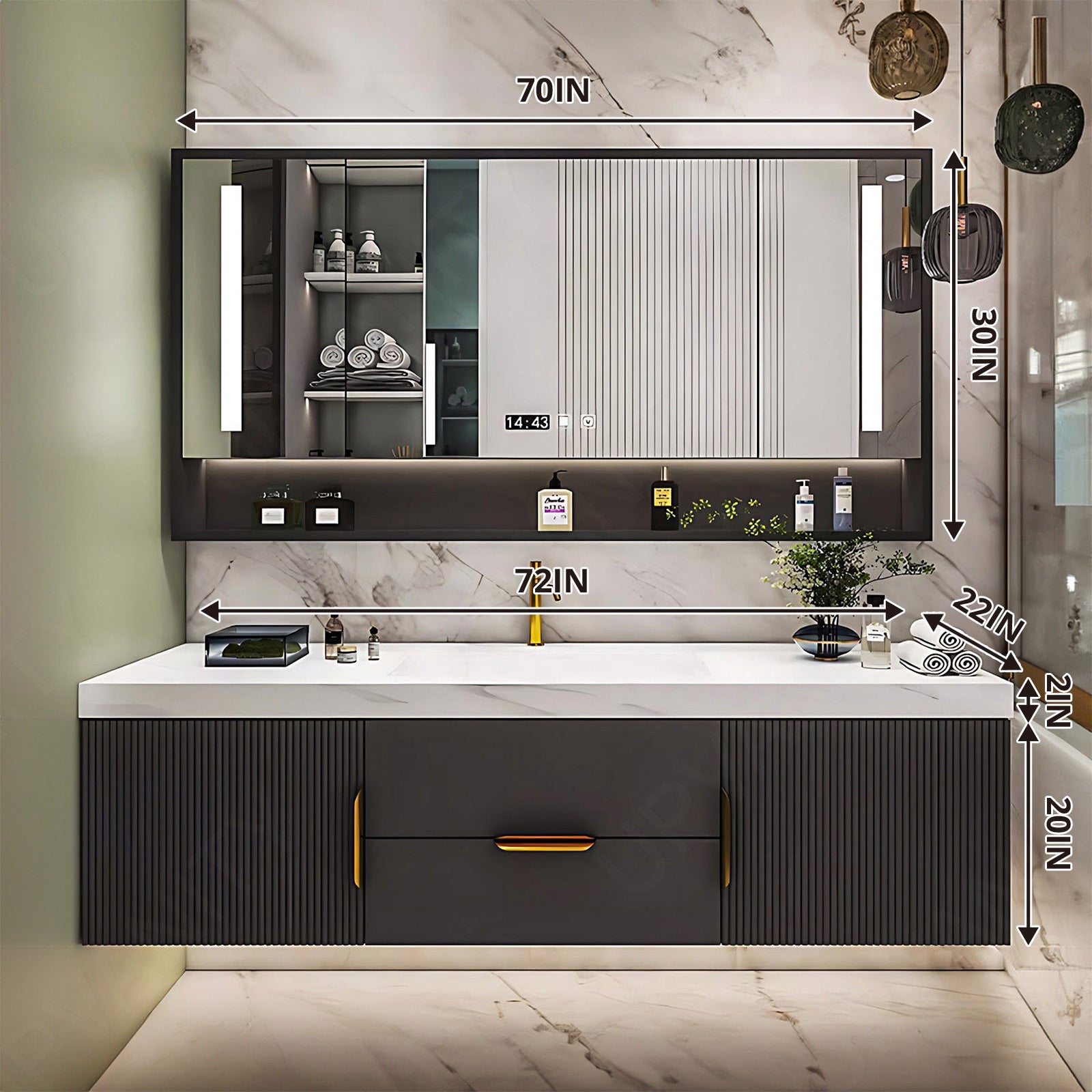 Elegant Bath Vanity Set, Black, Striped Panel, 44"- 78", Single/Double, Floating, Smart LED Mirror, Rear Cabinet