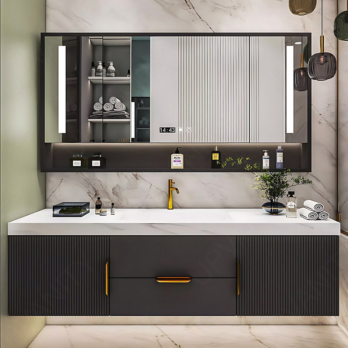 Elegant Bath Vanity Set, Black, Striped Panel, 44"- 78", Single/Double, Floating, Smart LED Mirror, Rear Cabinet