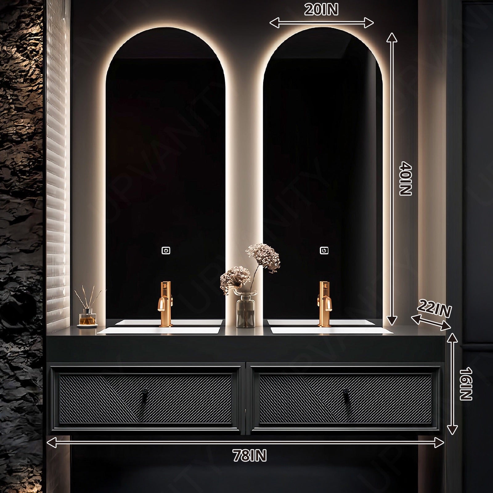 Elegant Bath Vanity Set, Black, Striped Panel, Gold Accents, 52''-78'', Double, Floating, Oval Smart LED Mirror