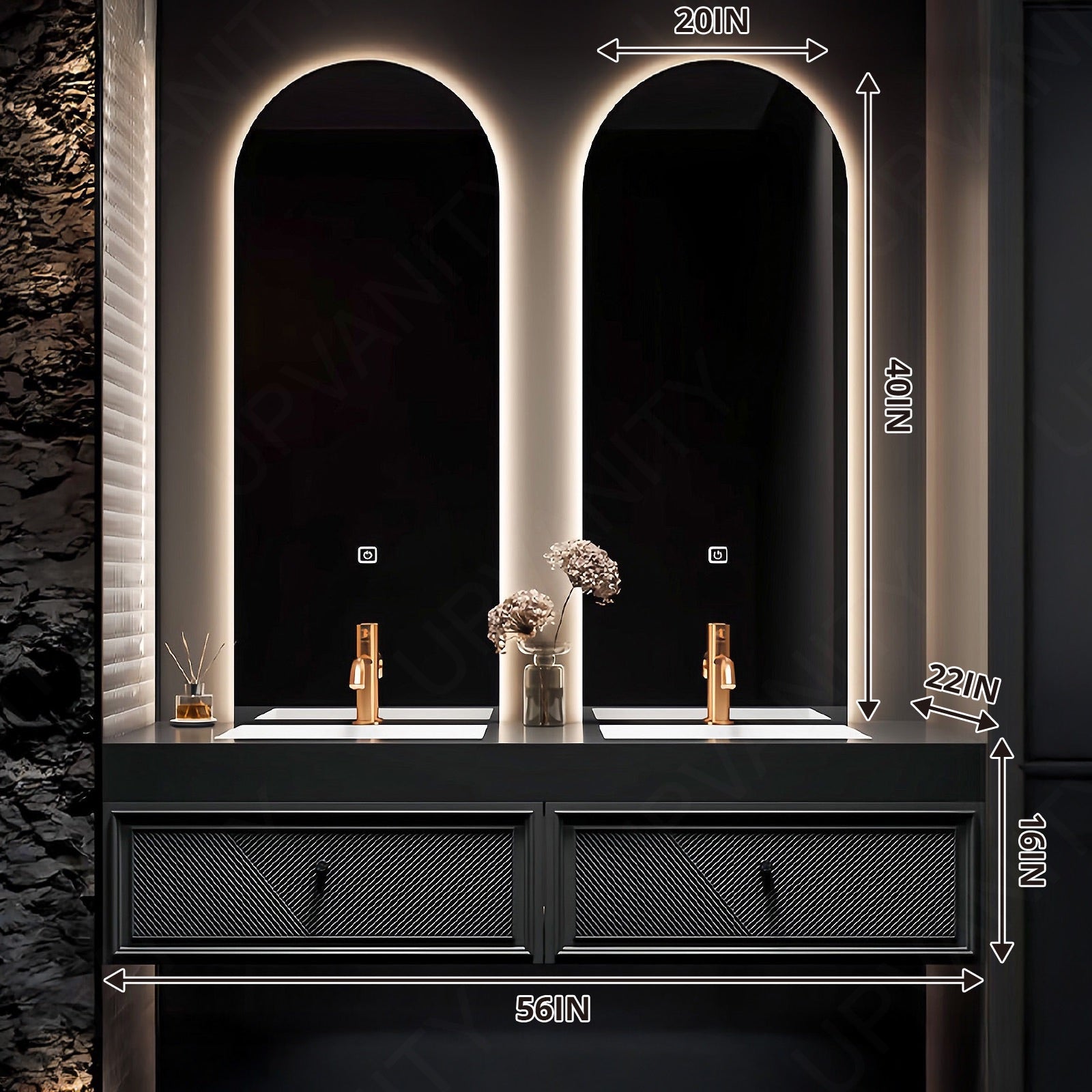 Elegant Bath Vanity Set, Black, Striped Panel, Gold Accents, 52''-78'', Double, Floating, Oval Smart LED Mirror