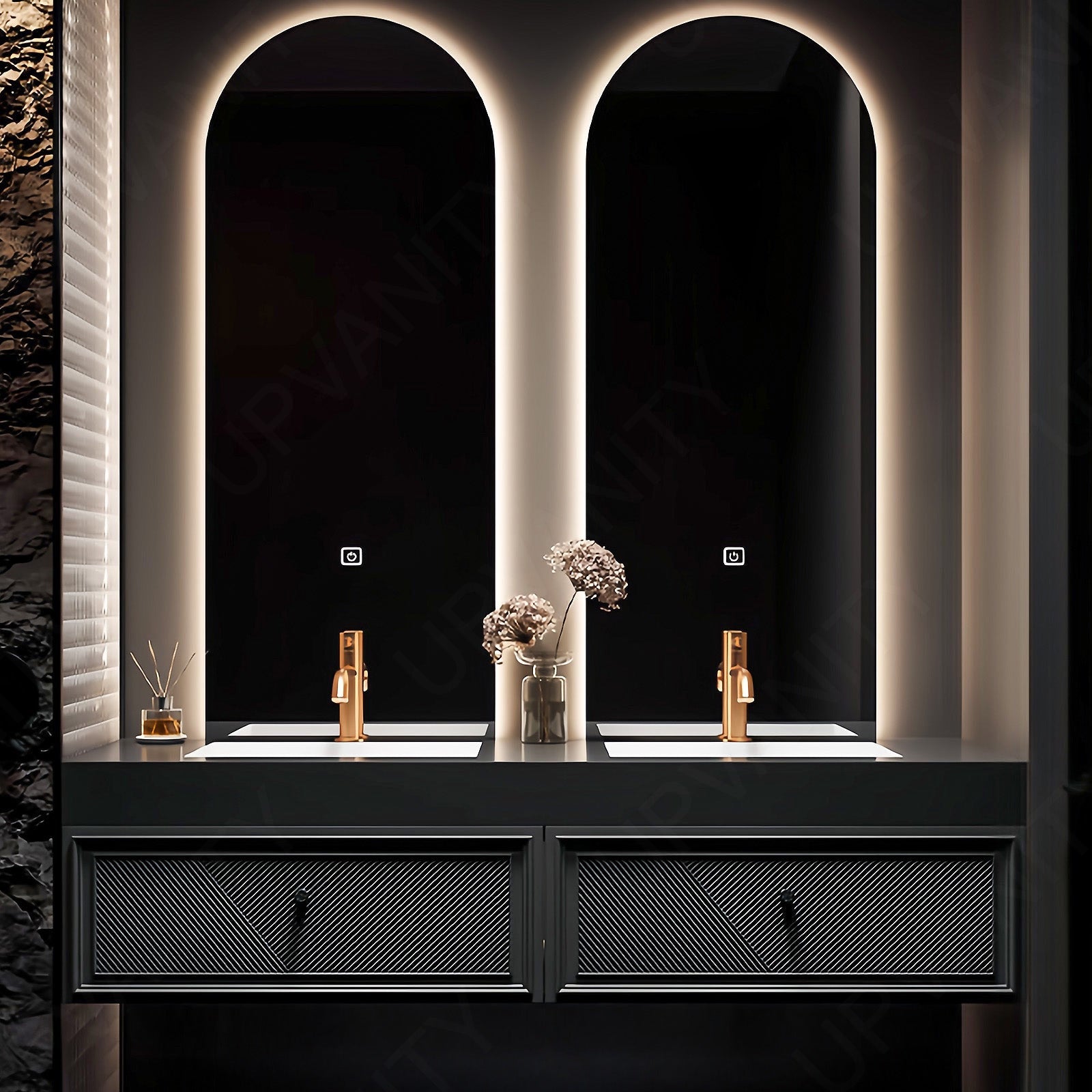 Elegant Bath Vanity Set, Black, Striped Panel, Gold Accents, 52''-78'', Double, Floating, Oval Smart LED Mirror