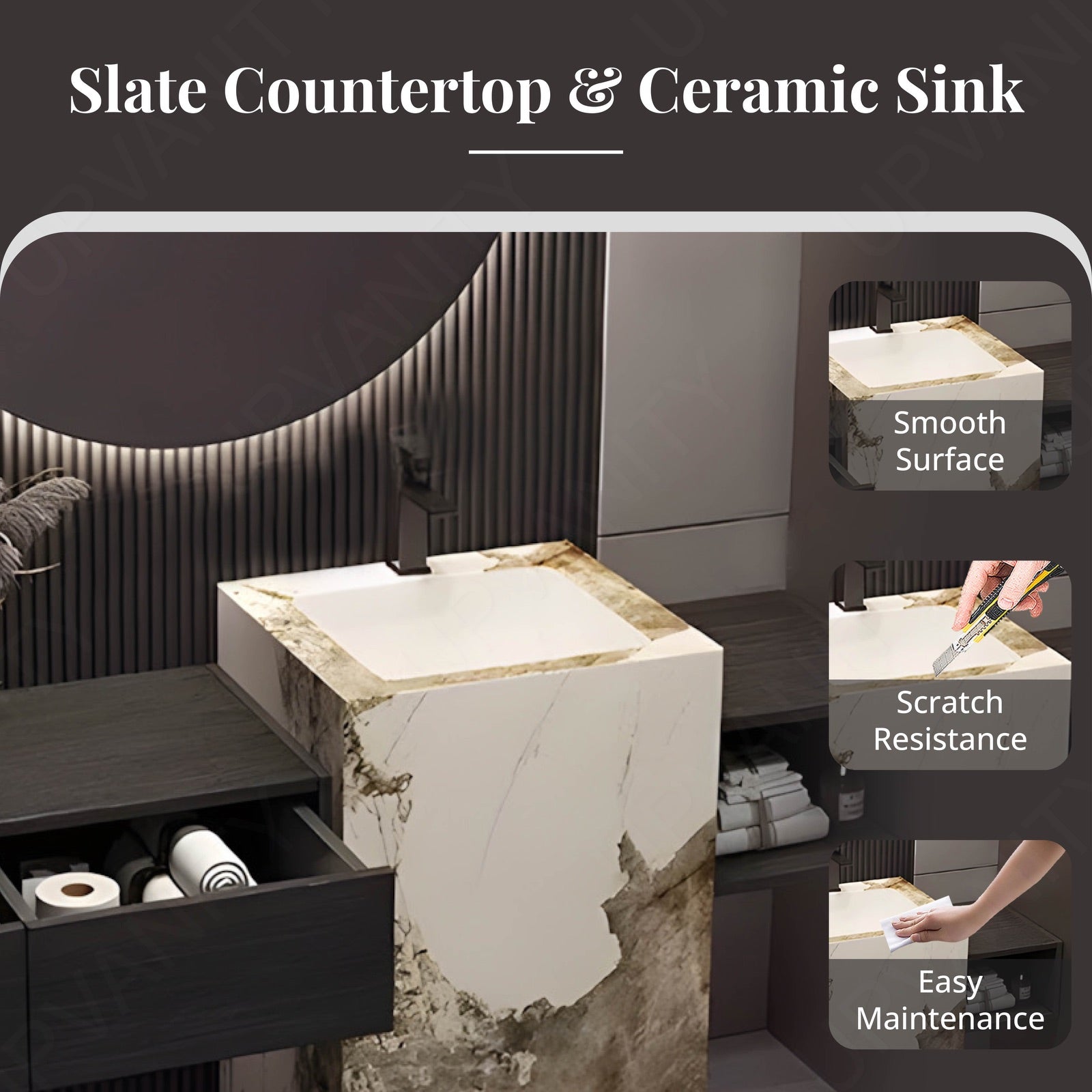 Elegant Bath Vanity Set, Black, Textured Column, 52"- 72", Single, Freestanding, Round Smart LED Mirror