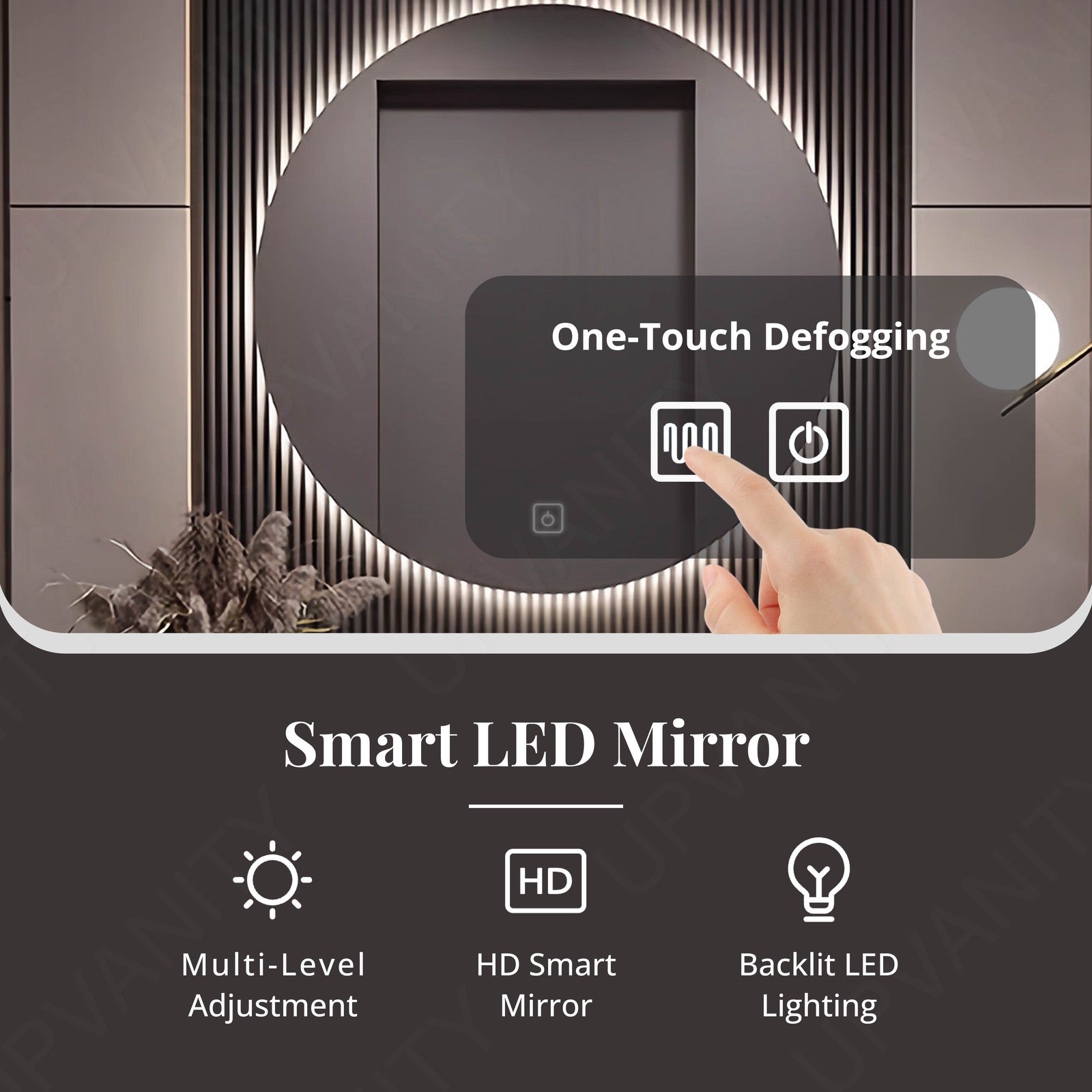 Elegant Bath Vanity Set, Black, Textured Column, 52"- 72", Single, Freestanding, Round Smart LED Mirror