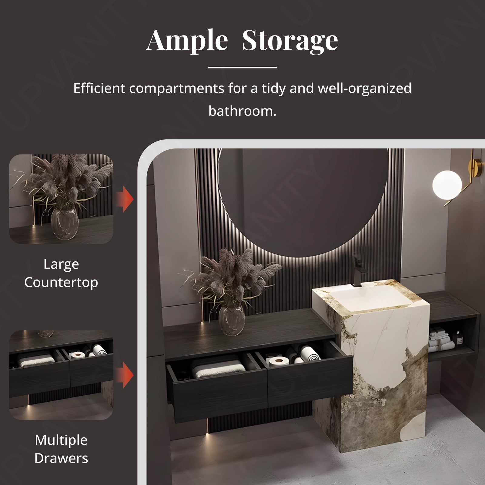 Elegant Bath Vanity Set, Black, Textured Column, 52"- 72", Single, Freestanding, Round Smart LED Mirror