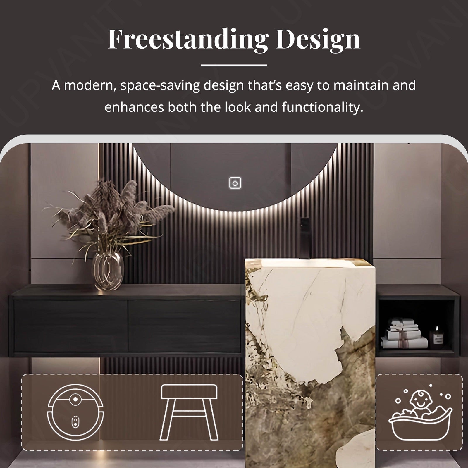 Elegant Bath Vanity Set, Black, Textured Column, 52"- 72", Single, Freestanding, Round Smart LED Mirror