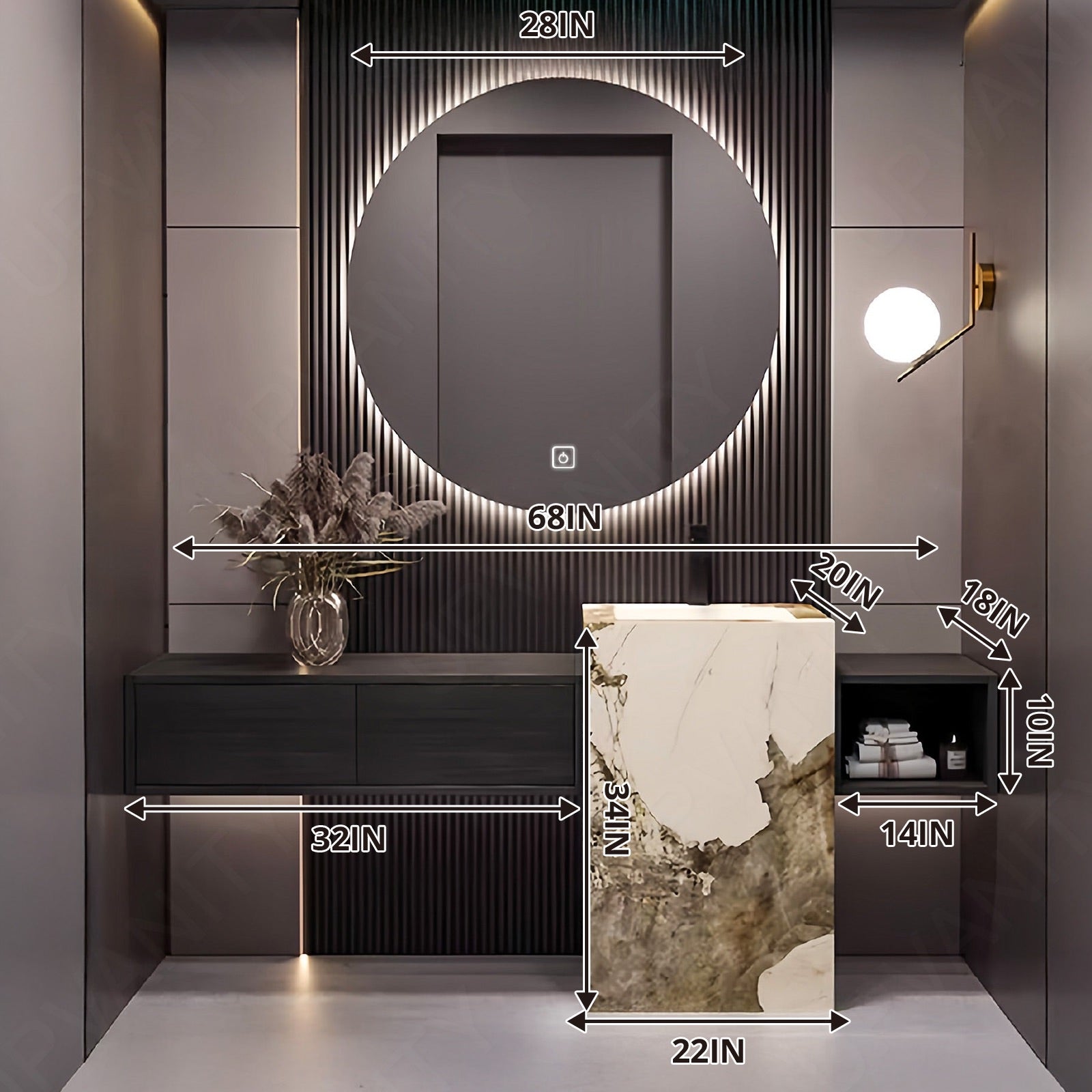 Elegant Bath Vanity Set, Black, Textured Column, 64"- 76", Single, Freestanding, Round Smart LED Mirror