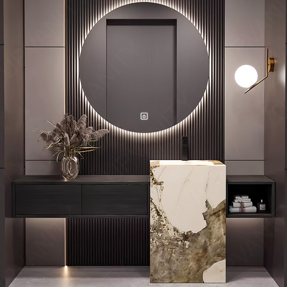 Elegant Bath Vanity Set, Black, Textured Column, 64"- 76", Single, Freestanding, Round Smart LED Mirror