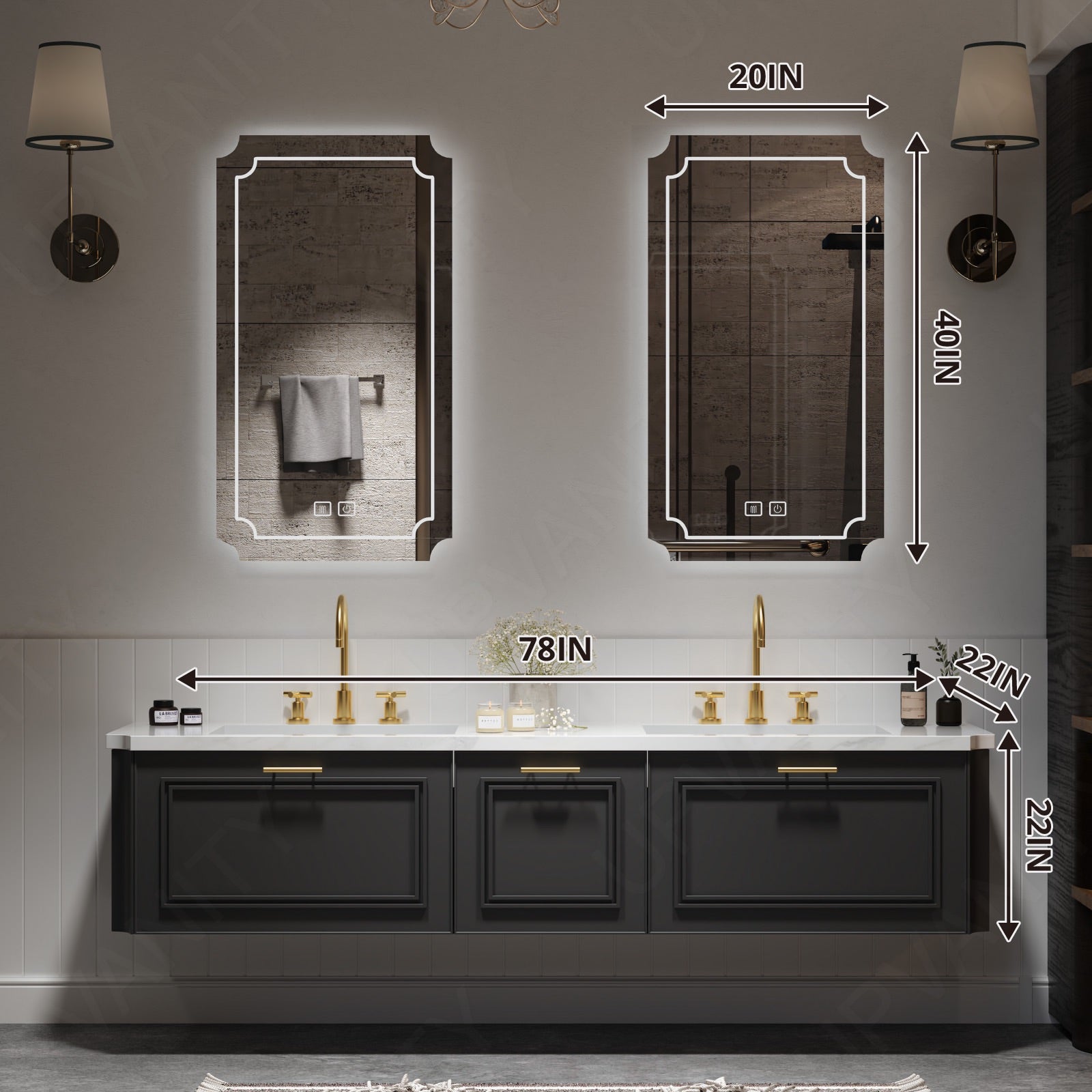 Elegant Bath Vanity Set, Black, White Slate Top, 52"-78", Double, Floating, Gold Accents, Smart LED Mirror