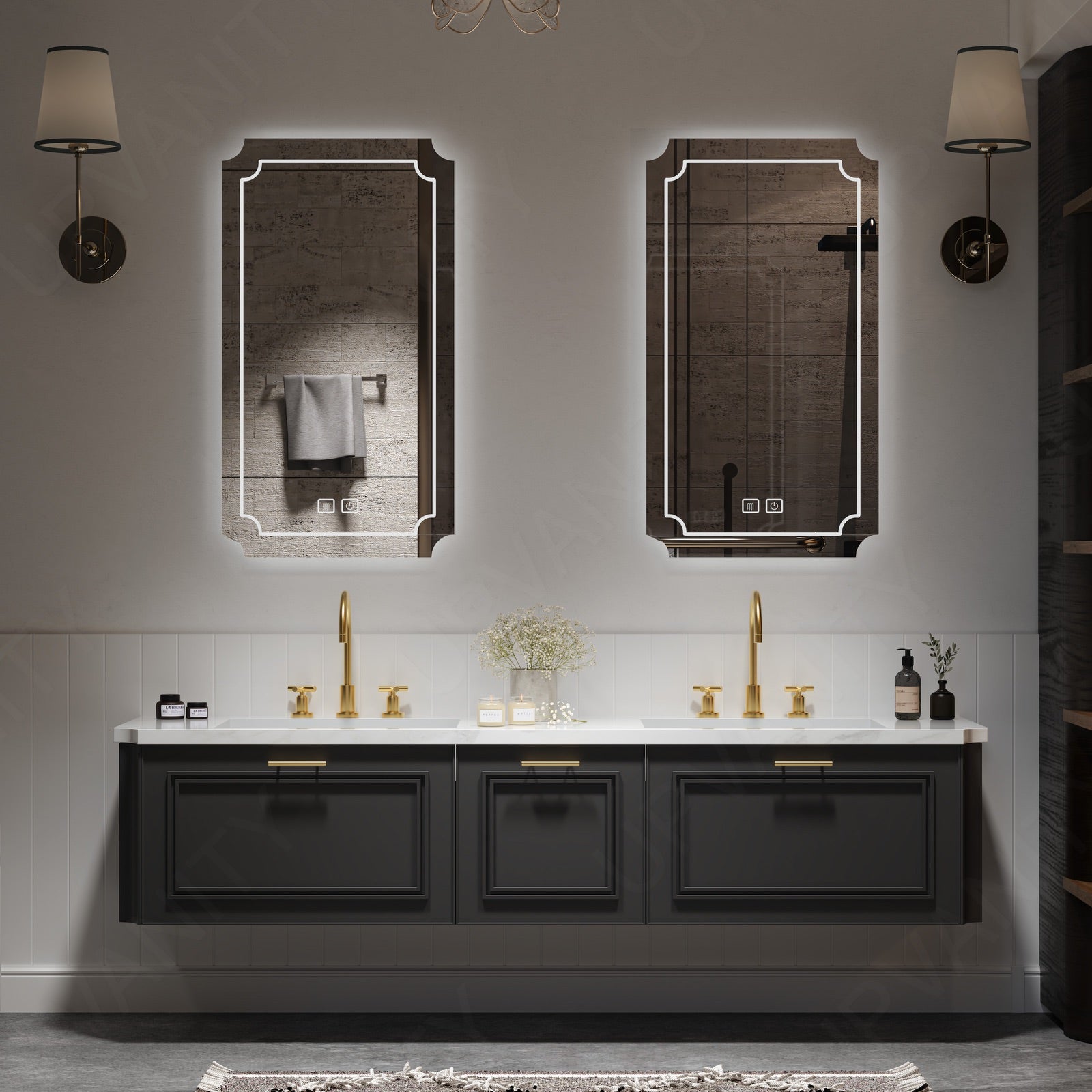 Elegant Bath Vanity Set, Black, White Slate Top, 52"-78", Double, Floating, Gold Accents, Smart LED Mirror