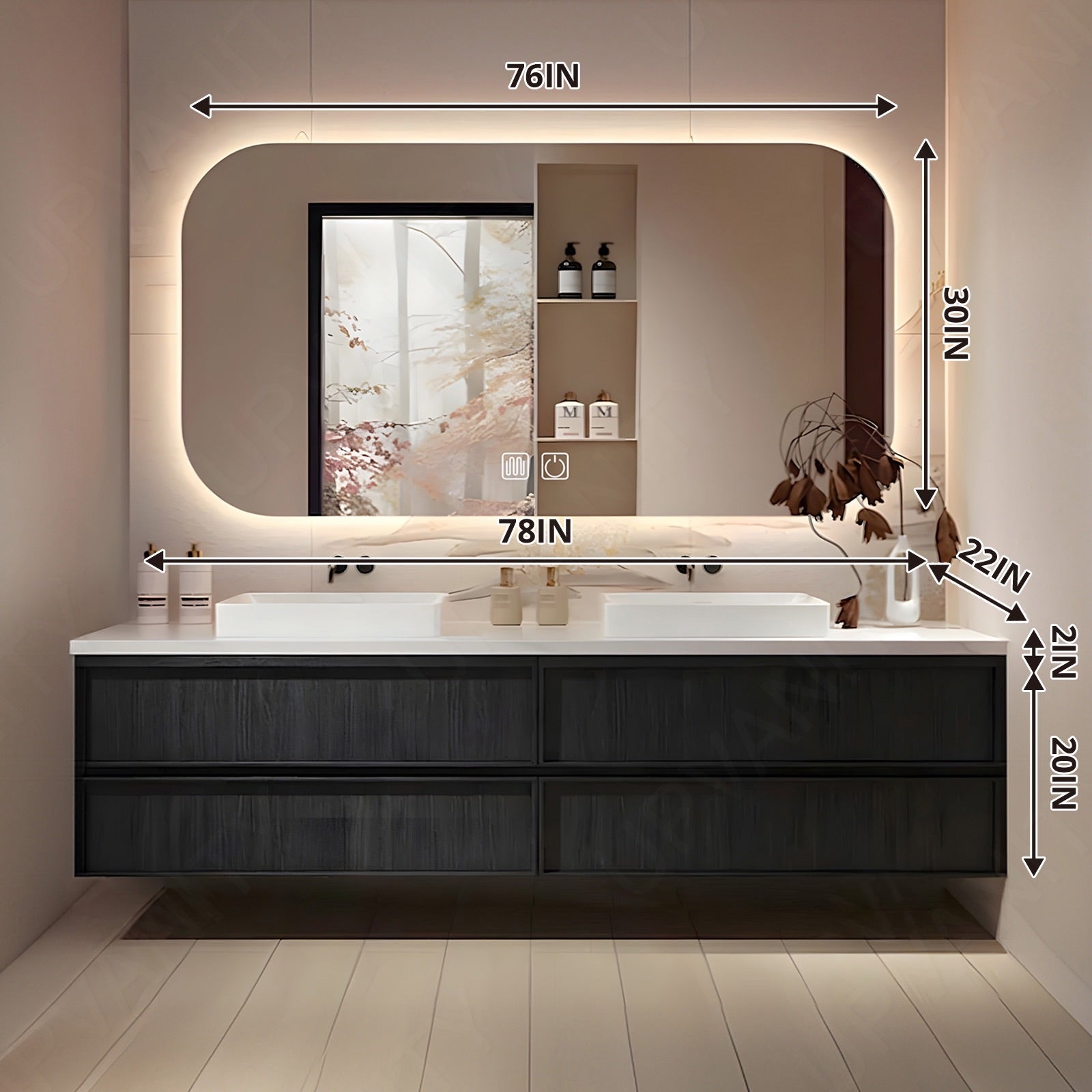 Elegant Bath Vanity Set, Black, White Slate Top, 56"- 78", Double, Floating, Vessel Sink, Smart LED Mirror