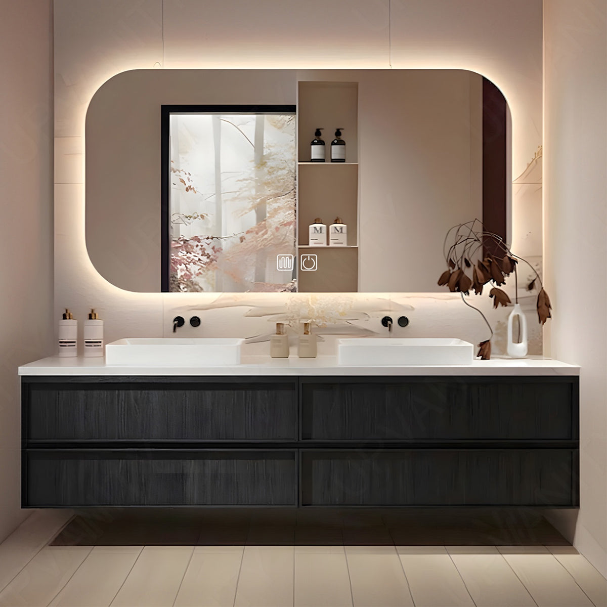 Elegant Bath Vanity Set, Black, White Slate Top, 56"- 78", Double, Floating, Vessel Sink, Smart LED Mirror