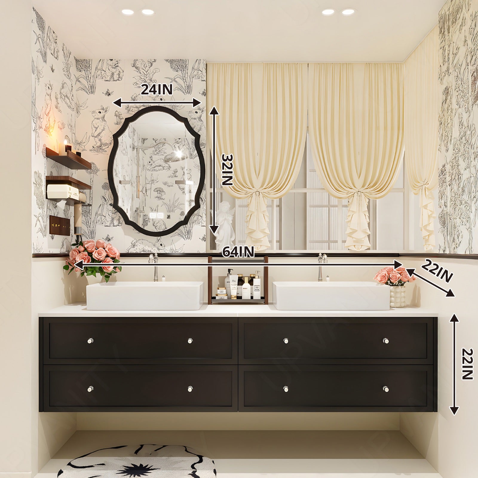 Elegant Bath Vanity Set, Black, White Slate Top, 56"-78", Double Vessel Sink, Floating, Smart LED Mirror