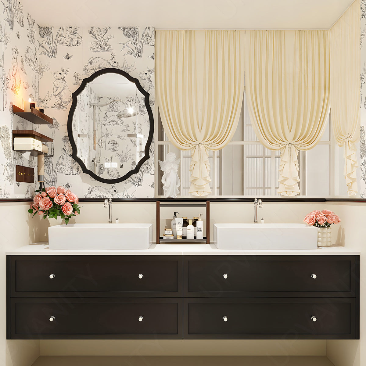 Elegant Bath Vanity Set, Black, White Slate Top, 56"-78", Double Vessel Sink, Floating, Smart LED Mirror