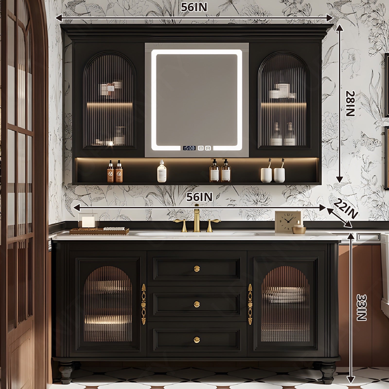 Elegant Bath Vanity Set, Black, White Slate Top, Gold Accents, 40"-64", Single, Freestanding, Smart LED Mirror, Side Cabinet