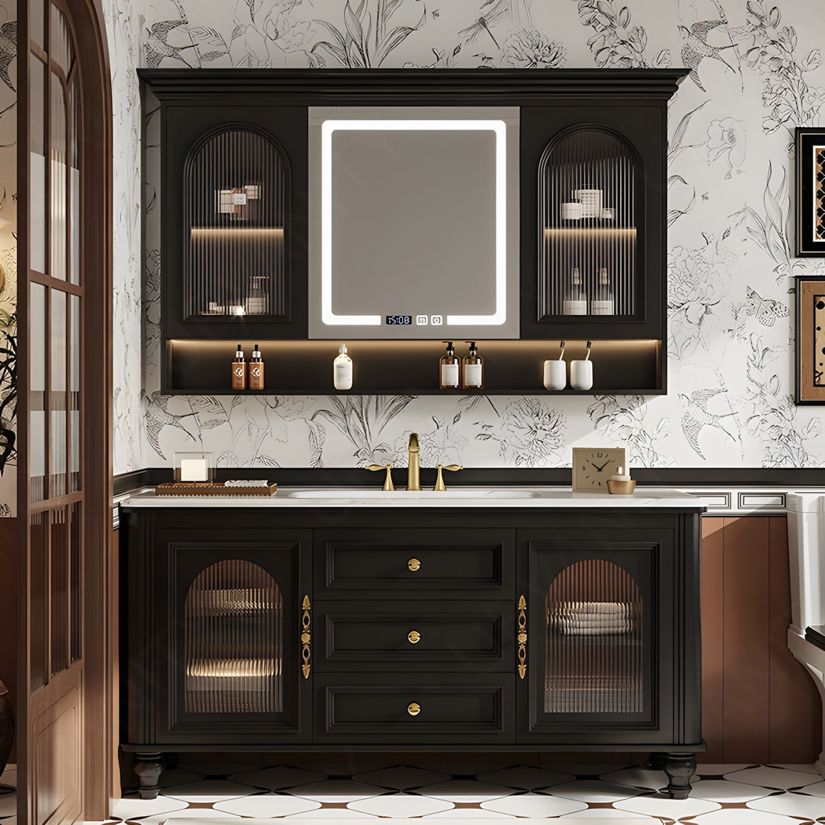 Elegant Bath Vanity Set, Black, White Slate Top, Gold Accents, 40"-64", Single, Freestanding, Smart LED Mirror, Side Cabinet