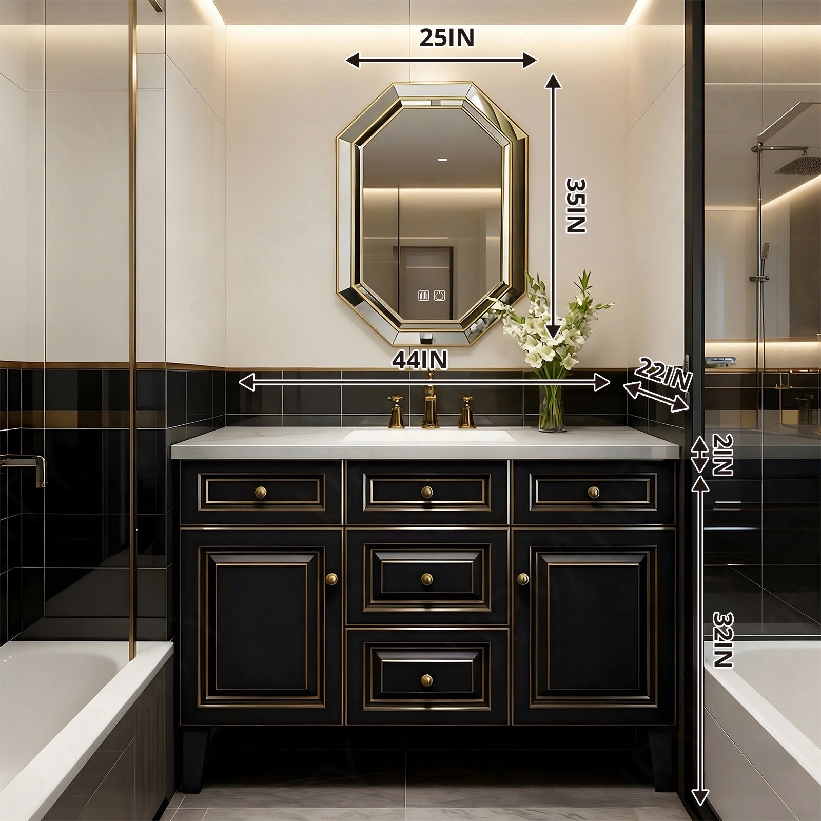Elegant Bath Vanity Set, Black, White Slate Top, Gold Accents, 44"-64", Single, Freestanding, Irregular Smart LED Mirror