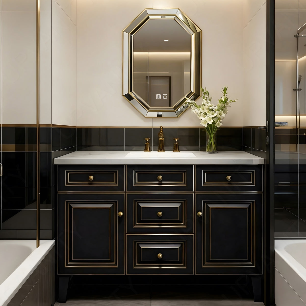 Elegant Bath Vanity Set, Black, White Slate Top, Gold Accents, 44"-64", Single, Freestanding, Irregular Smart LED Mirror