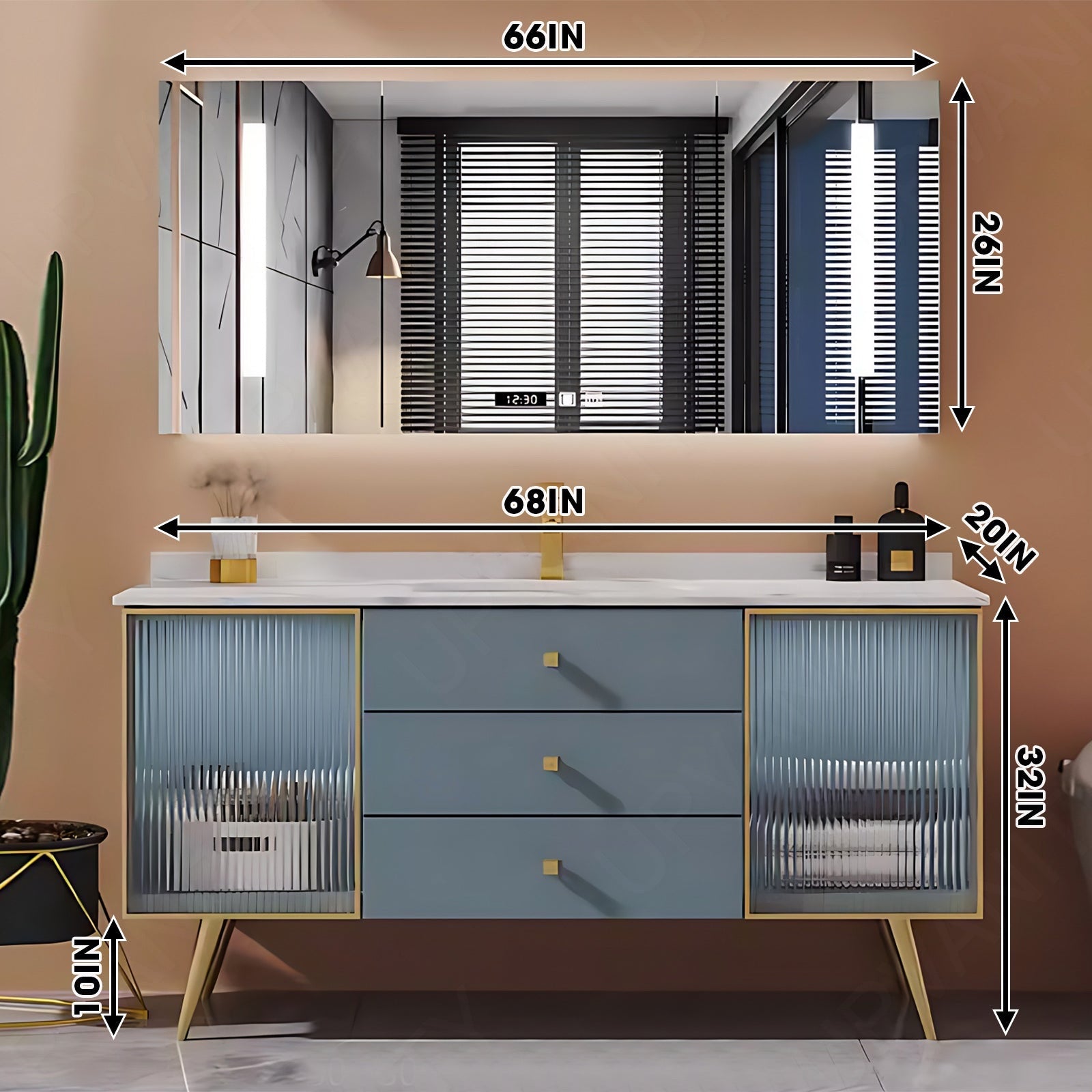 Elegant Bath Vanity Set, Blue, Gold Accents, Glass Doors, 36"- 72", Single, Freestanding, Smart LED Mirror, Rear Cabinet