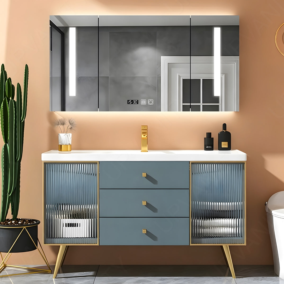 Elegant Bath Vanity Set, Blue, Gold Accents, Glass Doors, 36"- 72", Single, Freestanding, Smart LED Mirror, Rear Cabinet