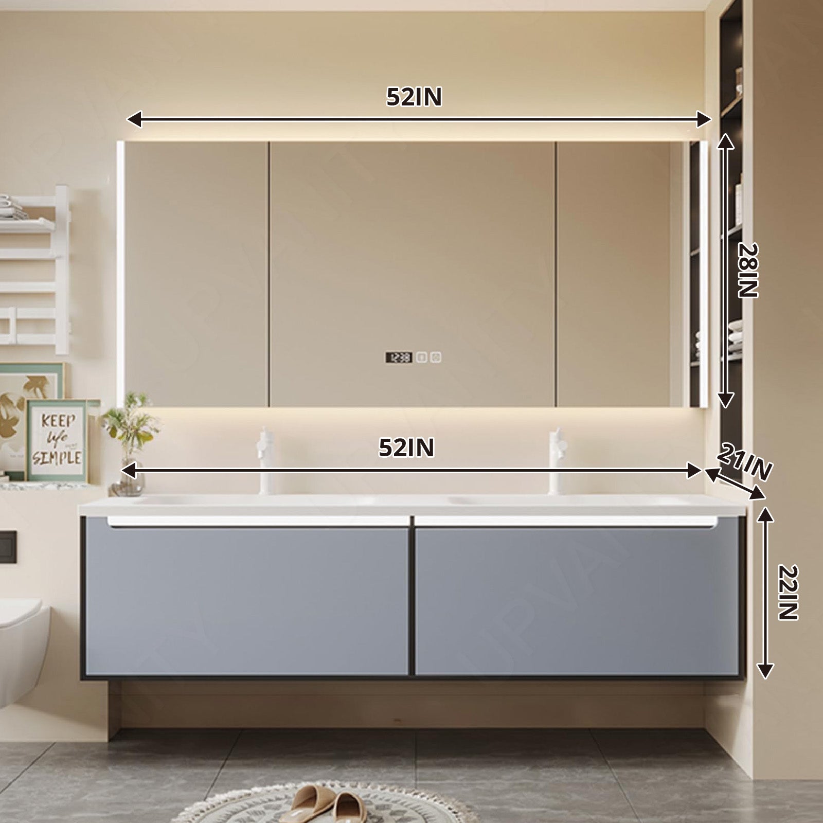 Elegant Bath Vanity Set, Blue, White Slate Top, 52"-72", Double, Floating, Sectional Storage, Smart LED Mirror, Rear Cabinet