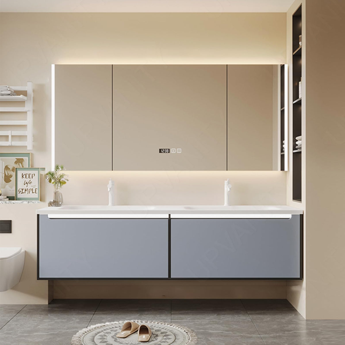 Elegant Bath Vanity Set, Blue, White Slate Top, 52"-72", Double, Floating, Sectional Storage, Smart LED Mirror, Rear Cabinet