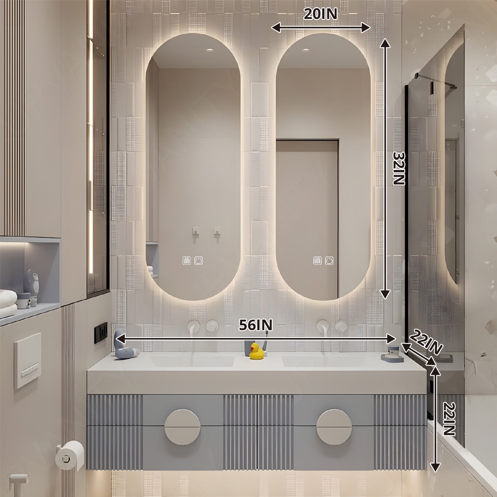 Elegant Bath Vanity Set, Blue, White Slate Top, 52"-78", Double, Floating, Striped Panel, Dual Smart LED Mirror