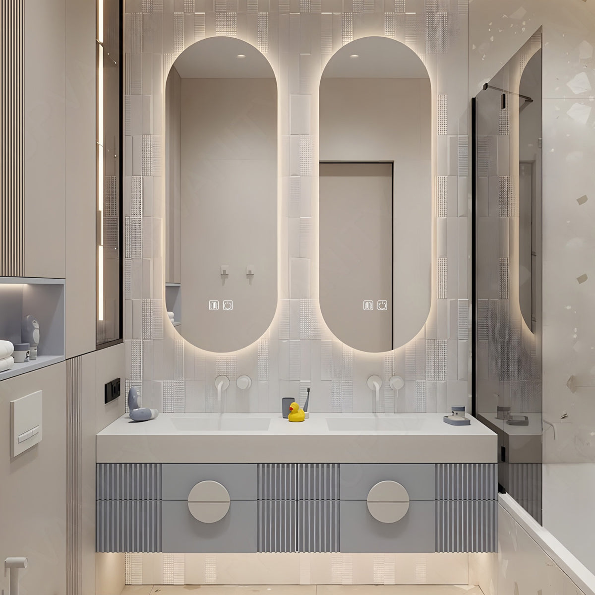 Elegant Bath Vanity Set, Blue, White Slate Top, 52"-78", Double, Floating, Striped Panel, Dual Smart LED Mirror