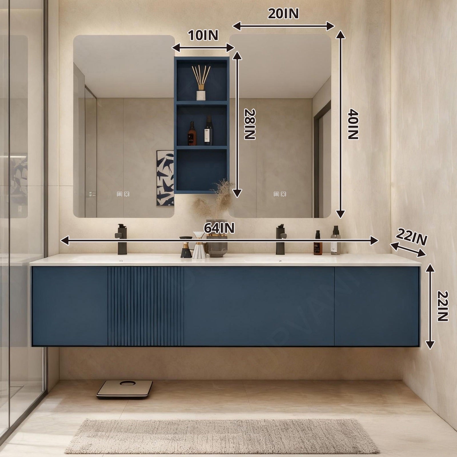 Elegant Bath Vanity Set, Blue, White Slate Top, 56"-78", Double, Floating, Dual Smart LED Mirror, Side Cabinet