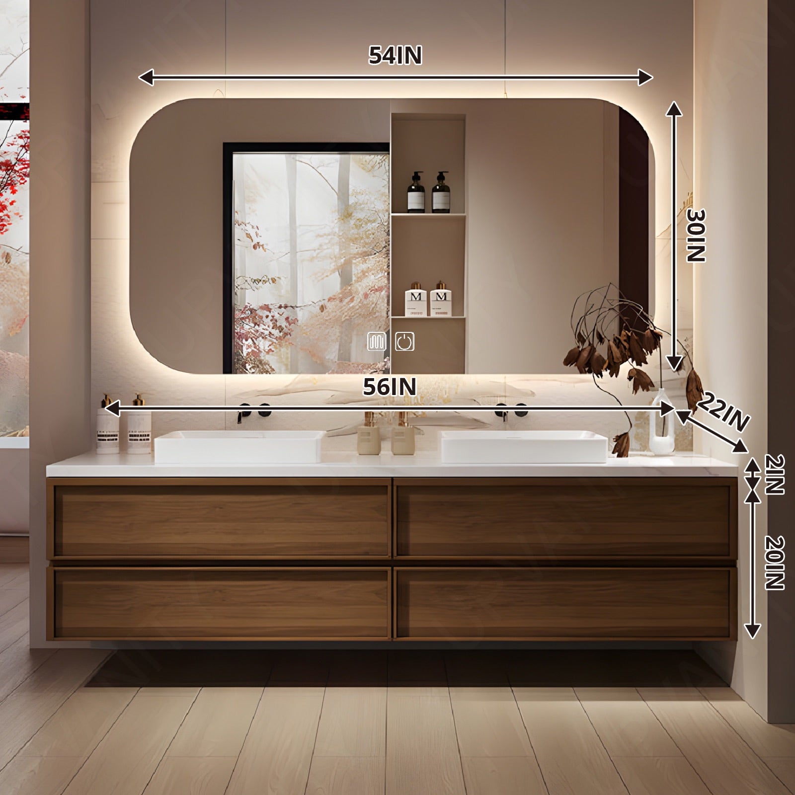 Elegant Bath Vanity Set, Brown, 56"- 78", Double, Floating, Vessel Sink, Smart LED Mirror