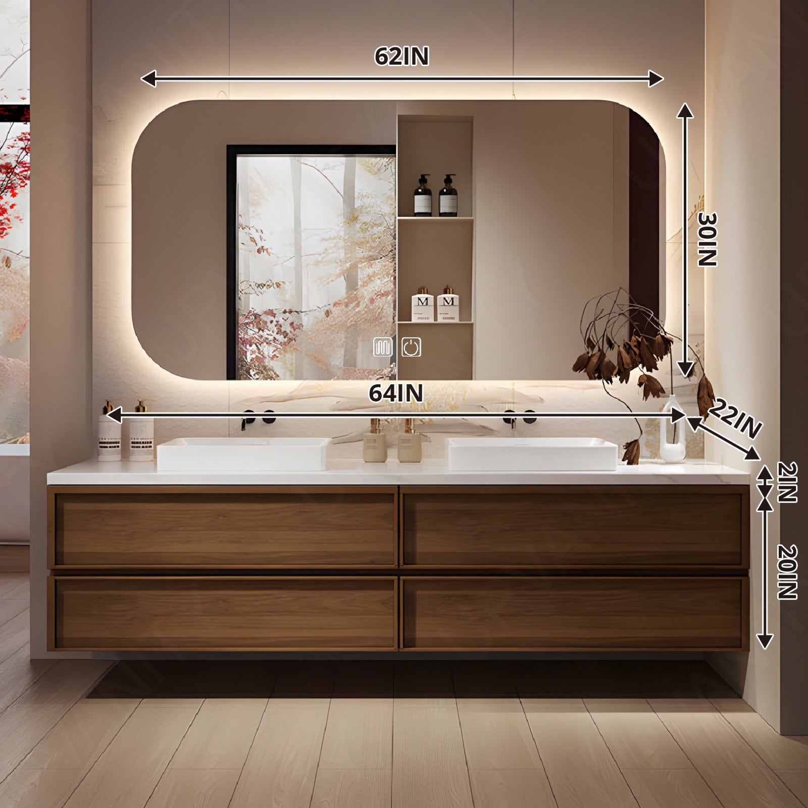 Elegant Bath Vanity Set, Brown, 56"- 78", Double, Floating, Vessel Sink, Smart LED Mirror