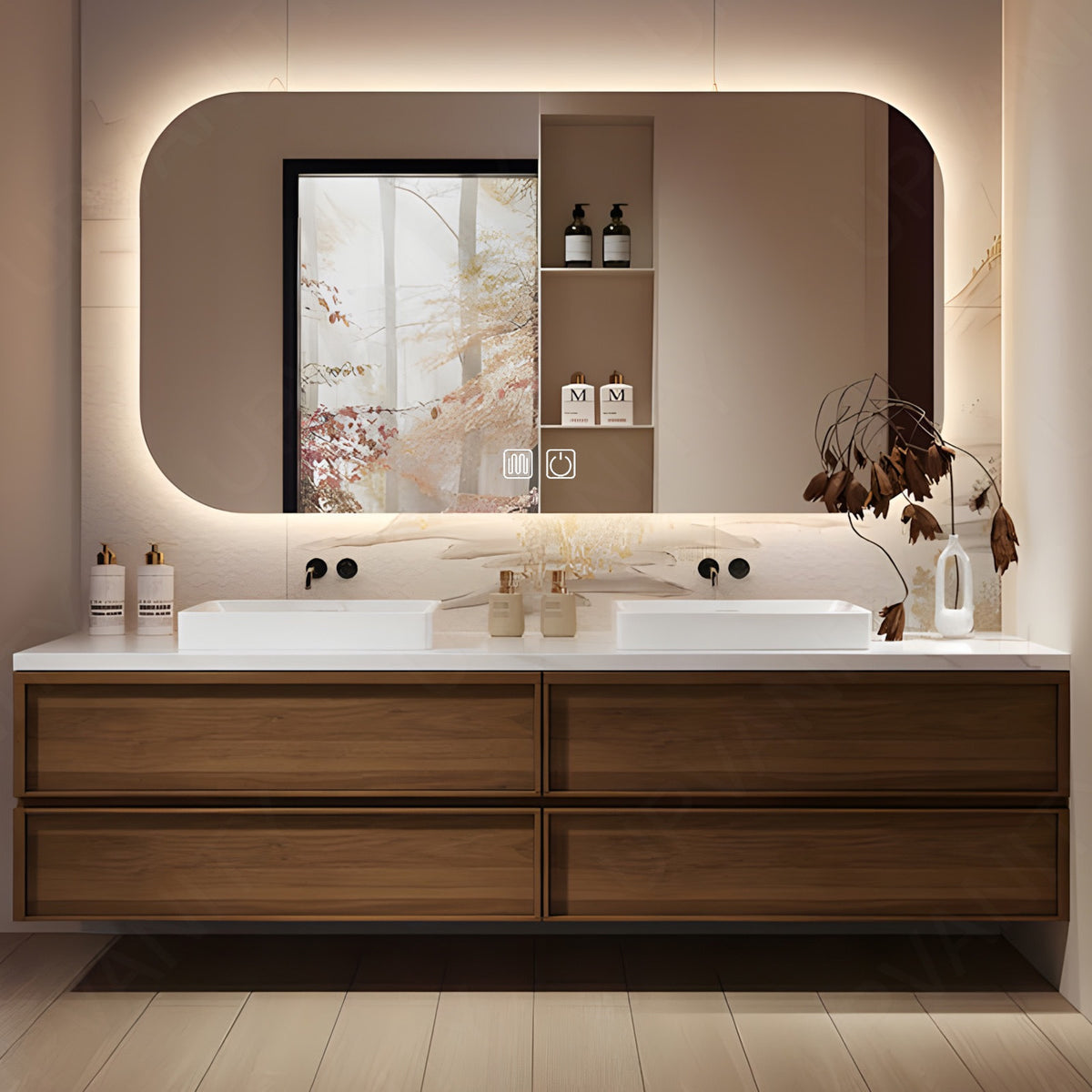Elegant Bath Vanity Set, Brown, 56"- 78", Double, Floating, Vessel Sink, Smart LED Mirror