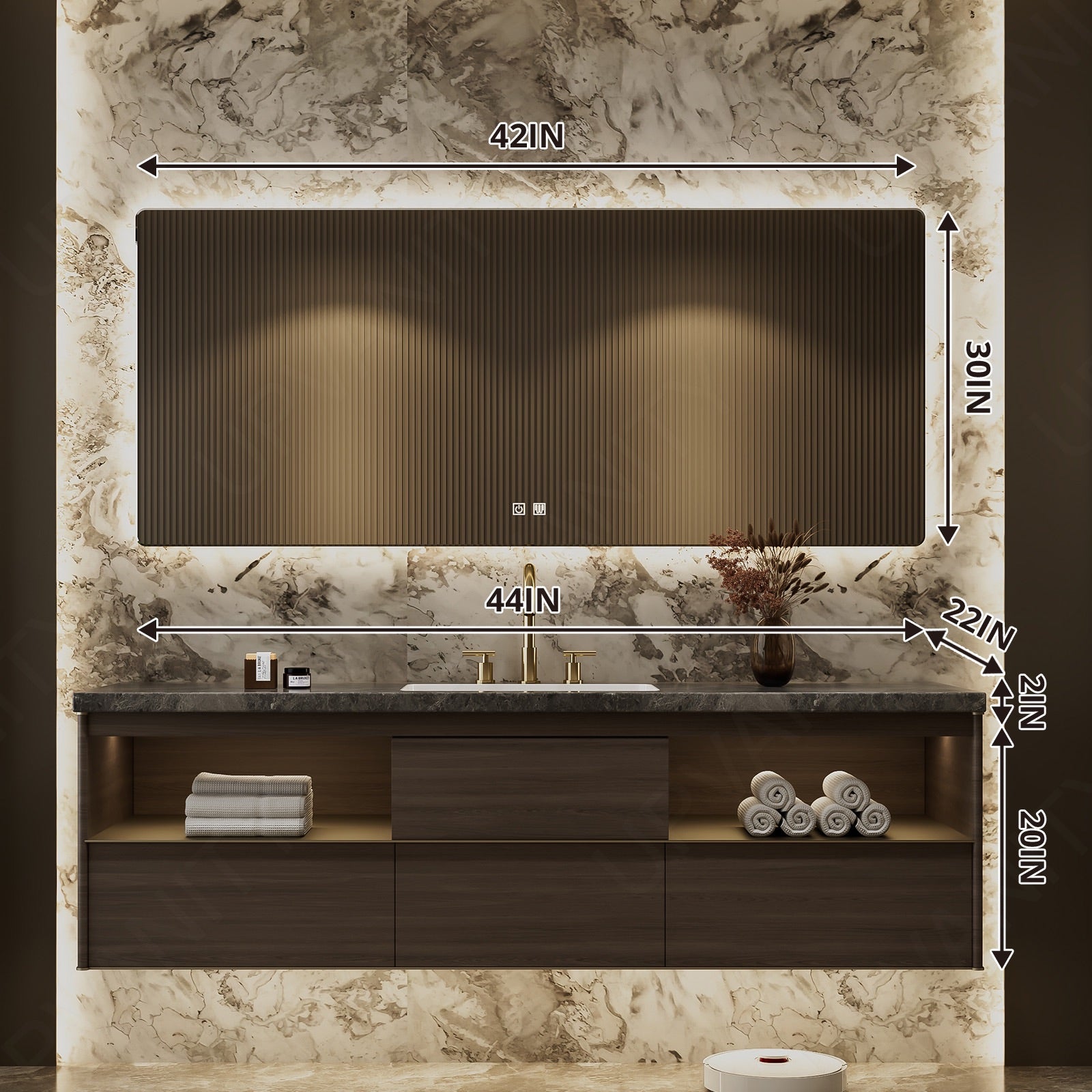 Elegant Bath Vanity Set, Brown, Dark Walnut, Marble Textured Top, 40"- 78", Single, Floating, Smart LED Mirror