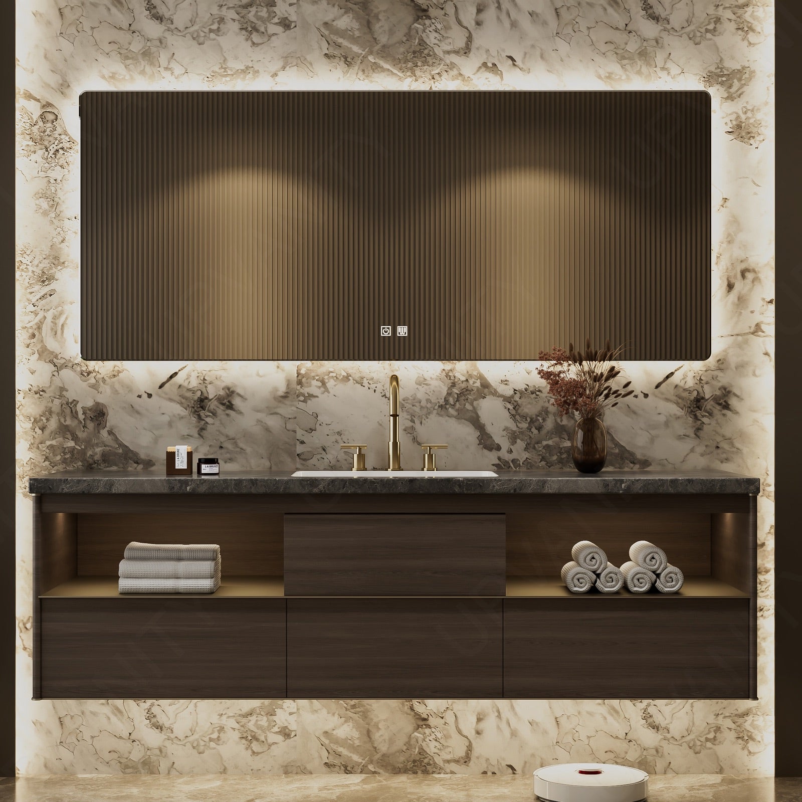 Elegant Bath Vanity Set, Brown, Dark Walnut, Marble Textured Top, 40"- 78", Single, Floating, Smart LED Mirror