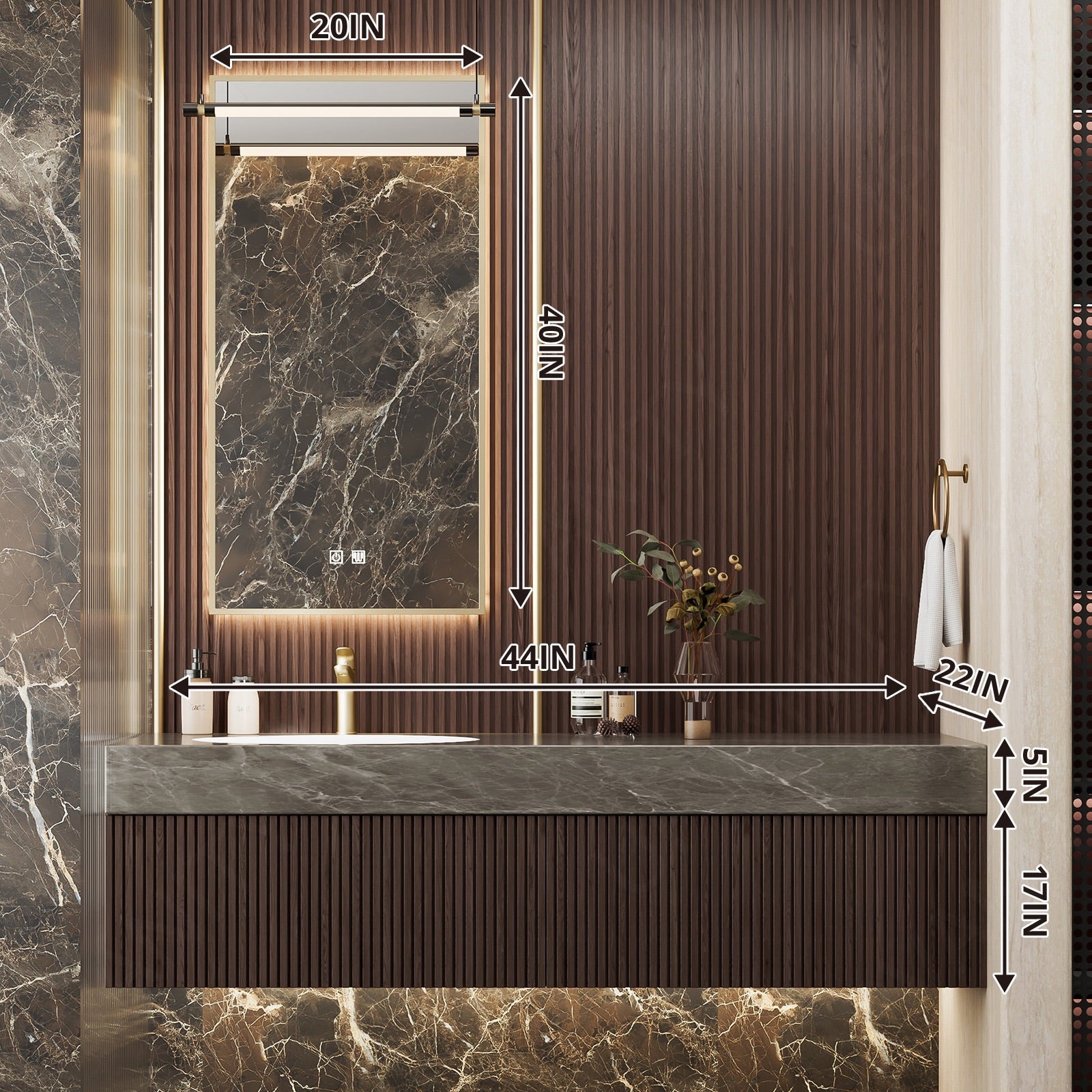 Elegant Bath Vanity Set, Brown, Dark Walnut, Marble Textured Top, 44"- 64", Single, Floating, Fluted Panel, Smart LED Mirror