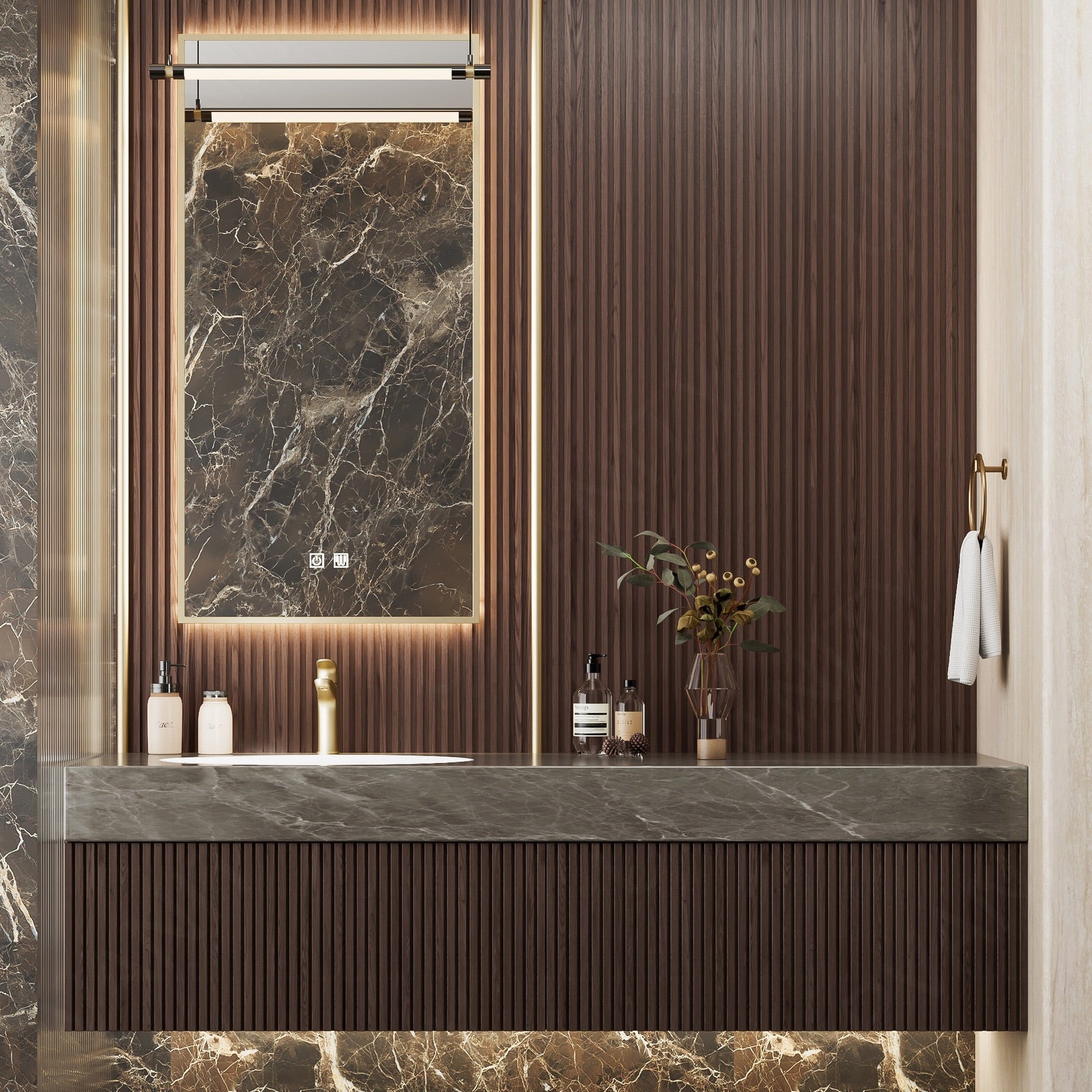Elegant Bath Vanity Set, Brown, Dark Walnut, Marble Textured Top, 44"- 64", Single, Floating, Fluted Panel, Smart LED Mirror