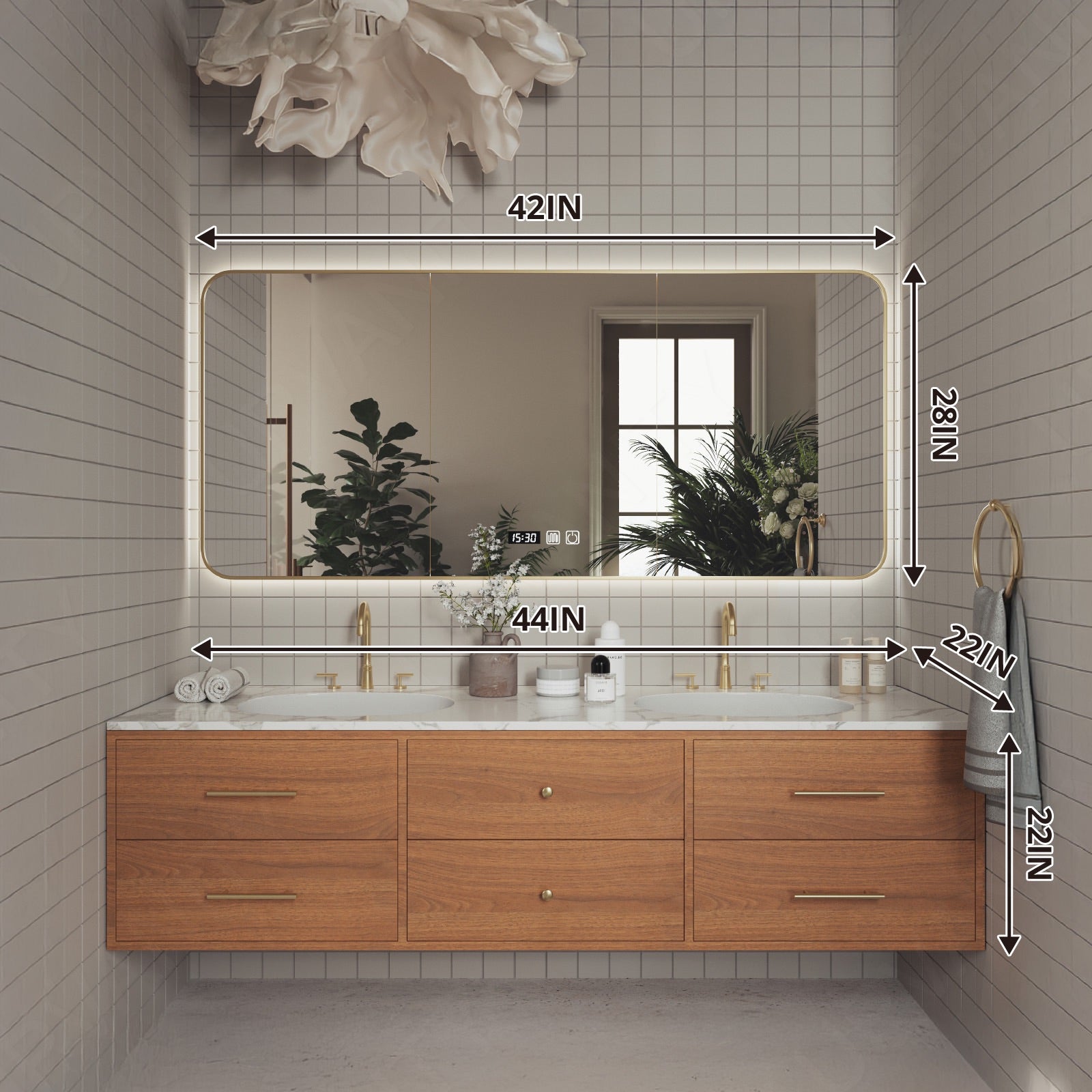 Elegant Bath Vanity Set, Brown, Gold Accents, 40"-78", Double, Floating, Sectional Storage, Smart LED Mirror