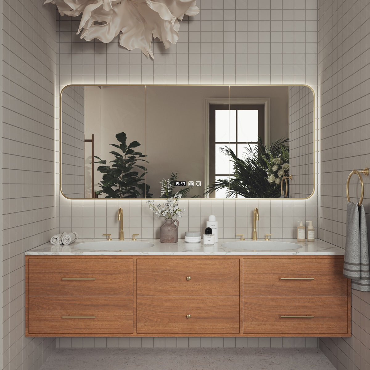 Elegant Bath Vanity Set, Brown, Gold Accents, 40"-78", Double, Floating, Sectional Storage, Smart LED Mirror
